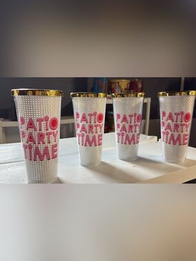 Set of 4 Patio Party Time Acrylic Tumblers with Gold Lids
